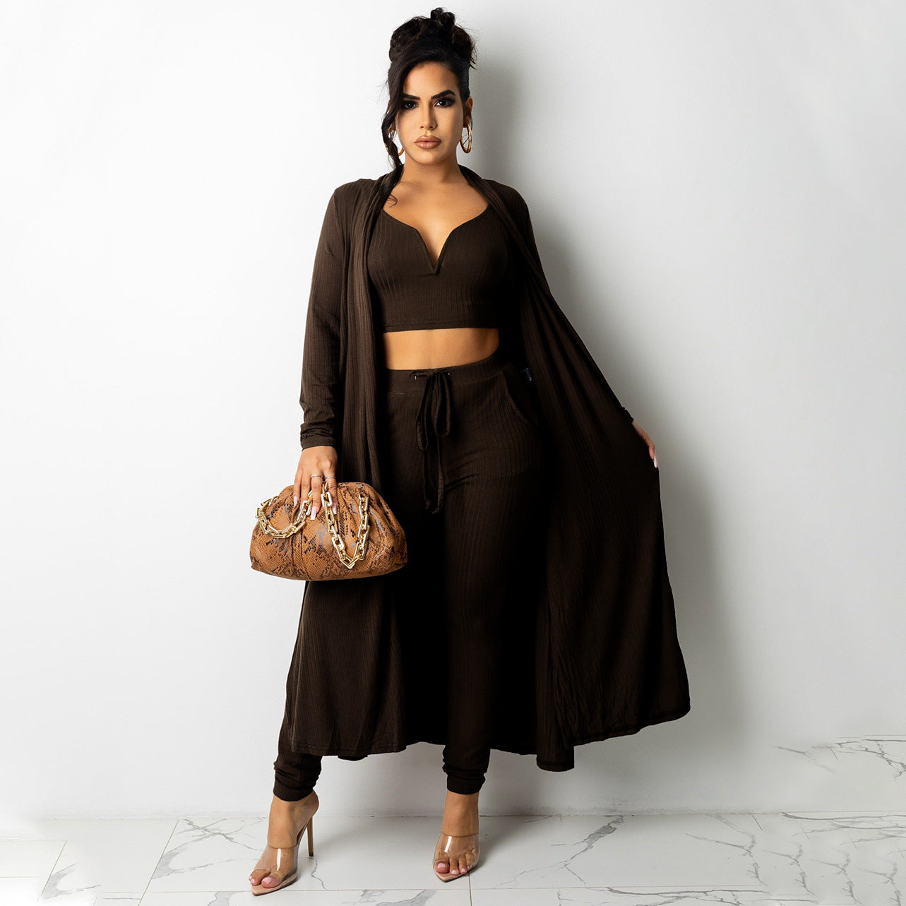 Women's solid color V-neck set