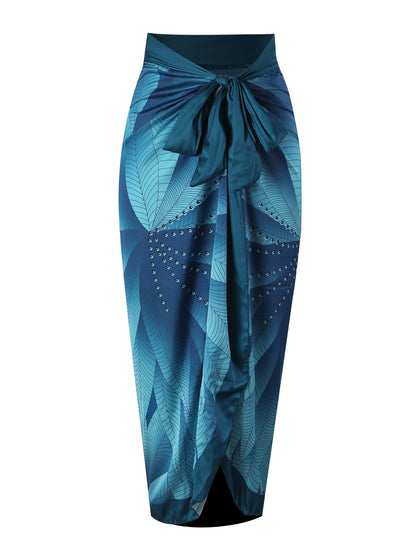 French new one-piece two-piece swimsuit leaf print hip-covering long skirt conservative halterneck swimsuit for women