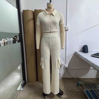 TK Fashion New Style Set Zip-Up Cardigan Multi-Pocket Pants Casual Solid Color Two-Piece Set