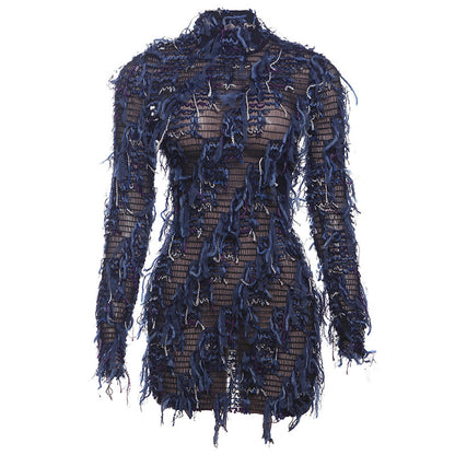 Long Sleeve Striped Fringe High Waist Dress for Women