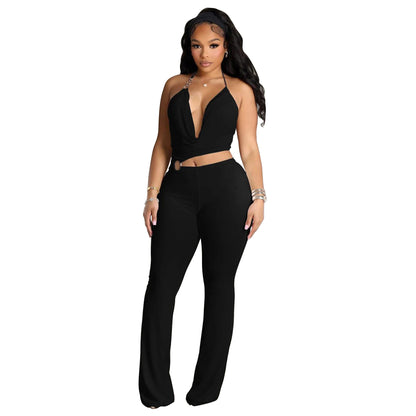 Hanging neck and exposed waist slim fit jumpsuit
