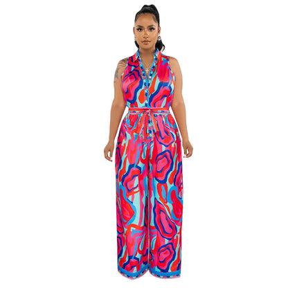 Printed sleeveless V-neck wide leg jumpsuit for women