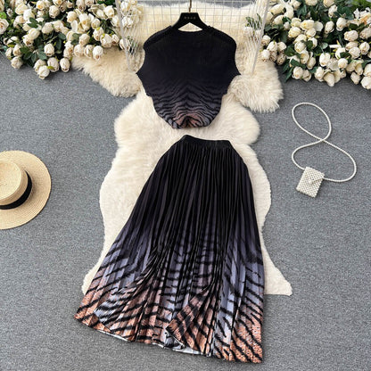 [EWQ] Elegant Short sleeved women's shirt+high waisted pleated skirt trend  2-piece set Summer vacation party clothing