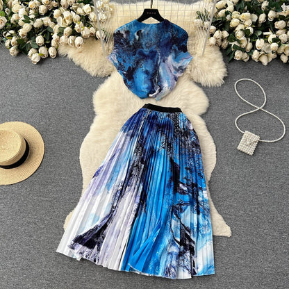[EWQ] Elegant Short sleeved women's shirt+high waisted pleated skirt trend  2-piece set Summer vacation party clothing