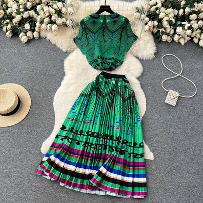 Summer Runway Pleated Flower Print 2 Piece Suit Women Raglan Sleeve Stretch Pullover Top+A-Line Long Skirt Female Matching Set