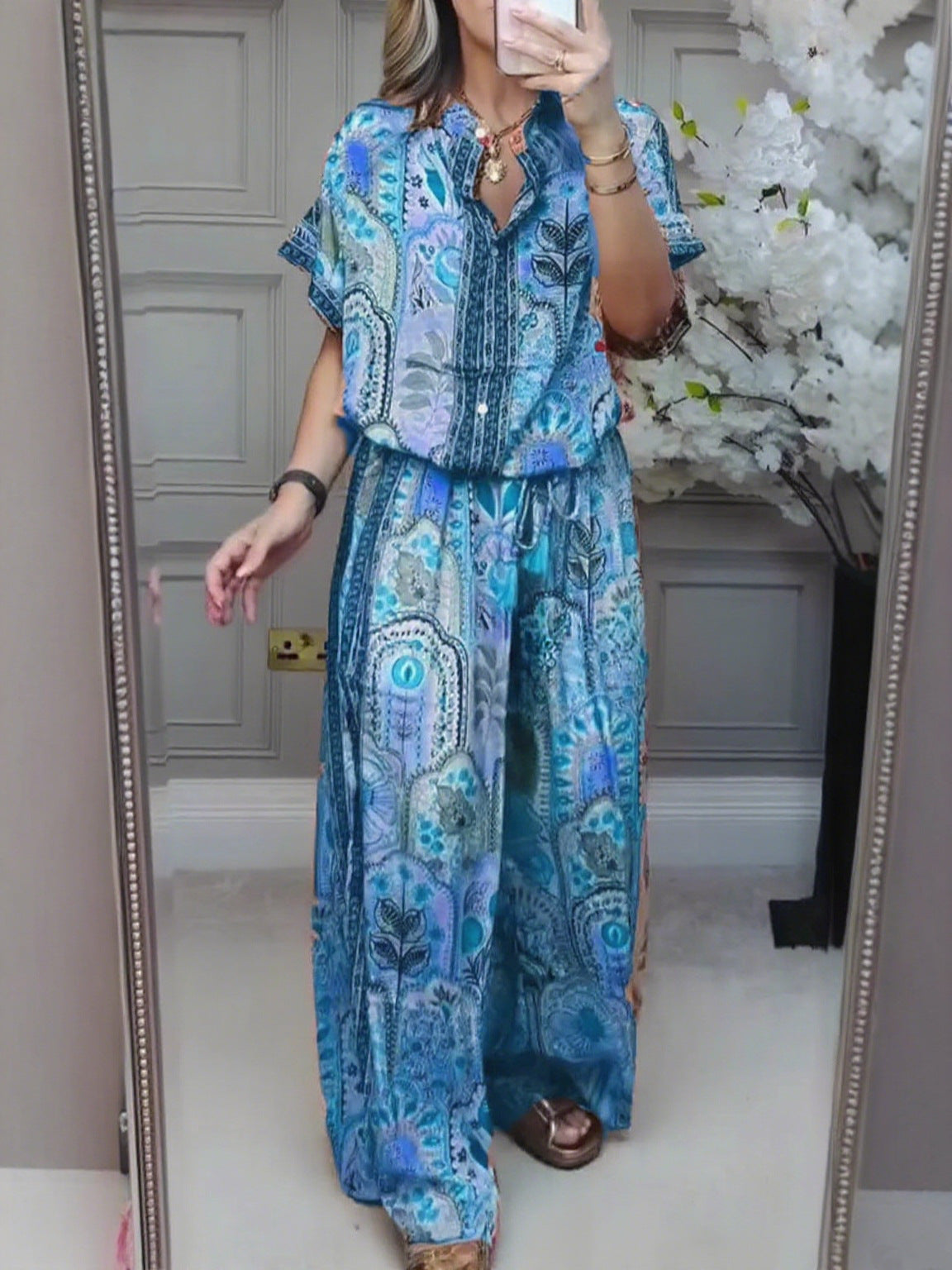 Fashionable Summer Casual Printed Round Neck Cardigan Top with Wide Leg Pants Two-Piece Set