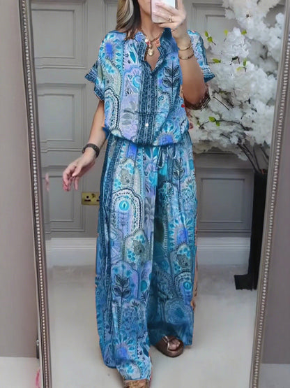 Fashionable Summer Casual Printed Round Neck Cardigan Top with Wide Leg Pants Two-Piece Set