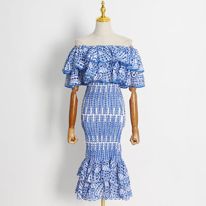 Beach Vacation Style Fashion Casual Set Women Ruffle Irregular Blouse + High Waist Mermaid Skirt Set