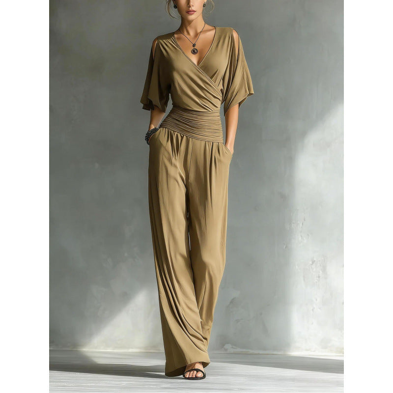Chic Off-Shoulder V-Neck Fitted Jumpsuit for Women