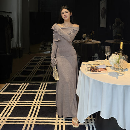 One shoulder knitted suit women's autumn and winter dress