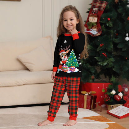 Christmas Tree Deer Black Plaid Family Matching Pajamas Set Long Sleeve Long Pants Sleepwear