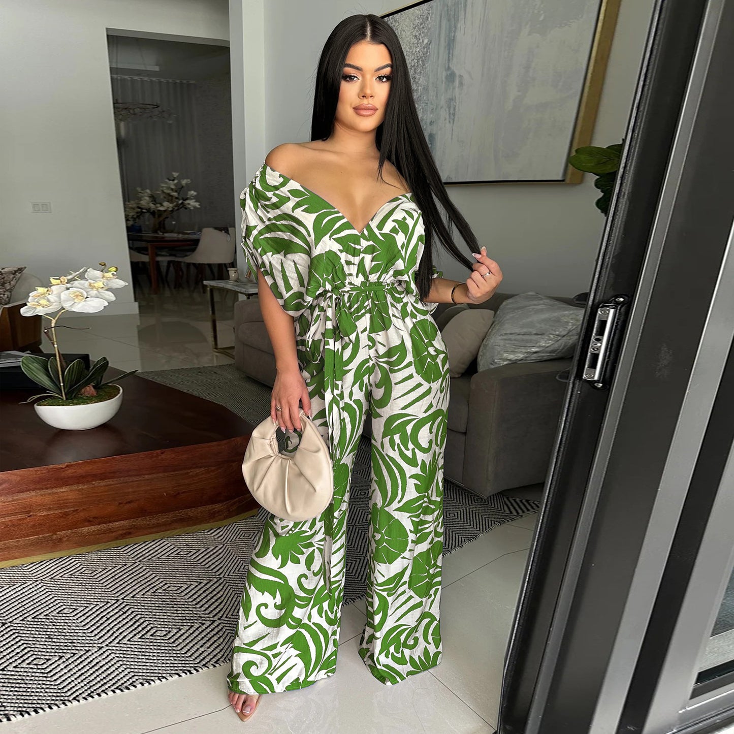 Off shoulder short sleeved jumpsuit