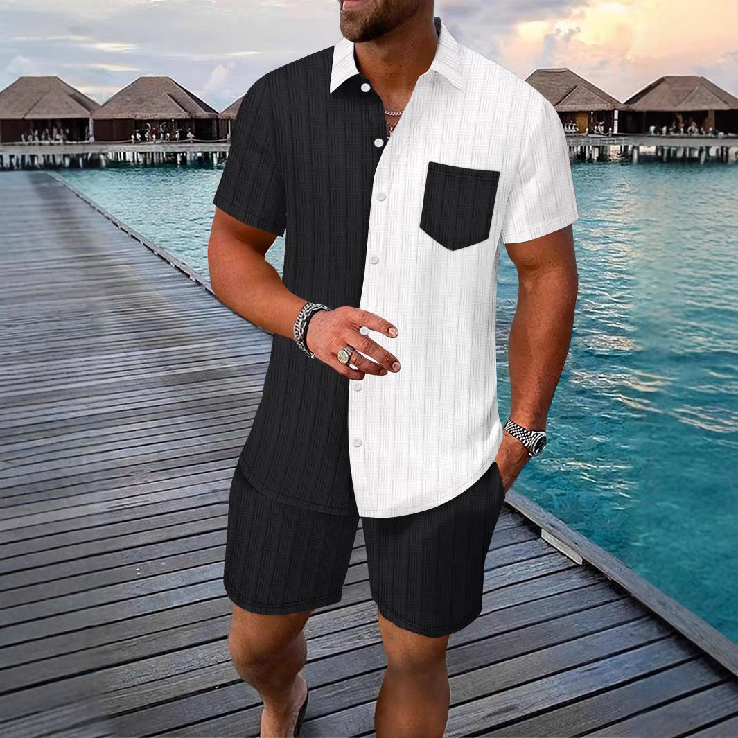 Jacquard color blocked pocket short sleeved shorts lapel shirt casual set