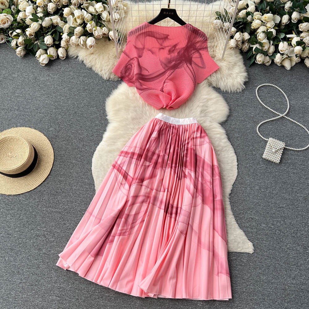 [EWQ] Elegant Short sleeved women's shirt+high waisted pleated skirt trend  2-piece set Summer vacation party clothing