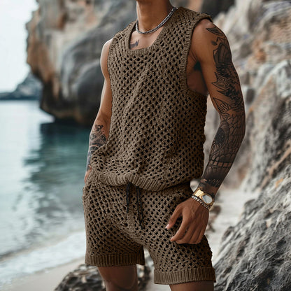 Summer New Casual Vertical Stripe Knitted Suit-Fit Slim Fit Turn-Down Collar Short Sleeve Button-Up Shirt Shorts Men's Summer Wear
