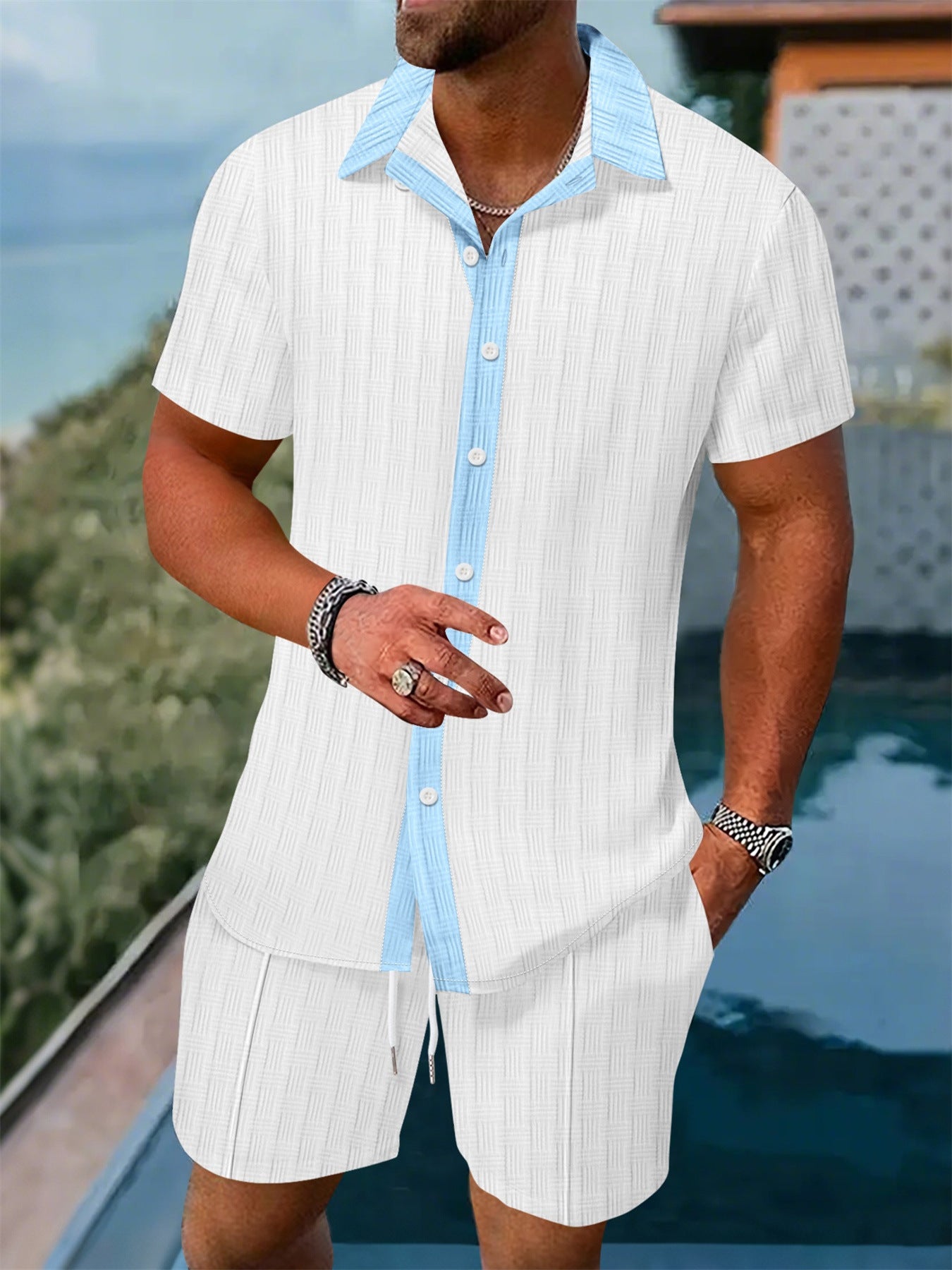 Color blocked shirt casual short sleeved shorts beach set