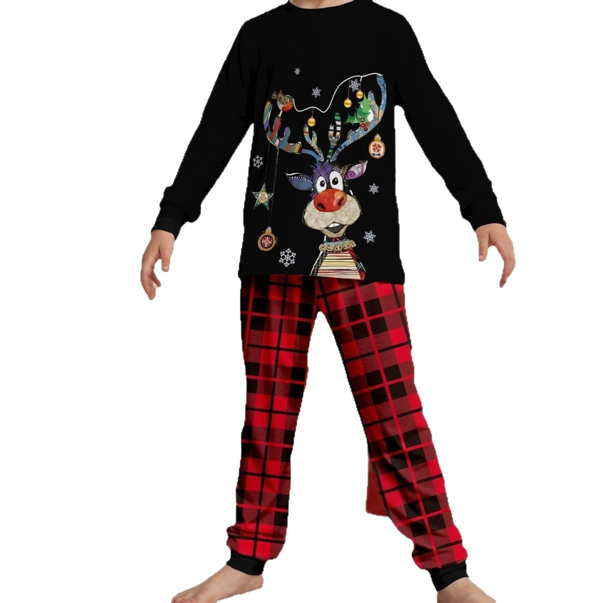 Christmas Deer Print Family Matching Pajama Set, Plaid Pattern, Casual Home Wear