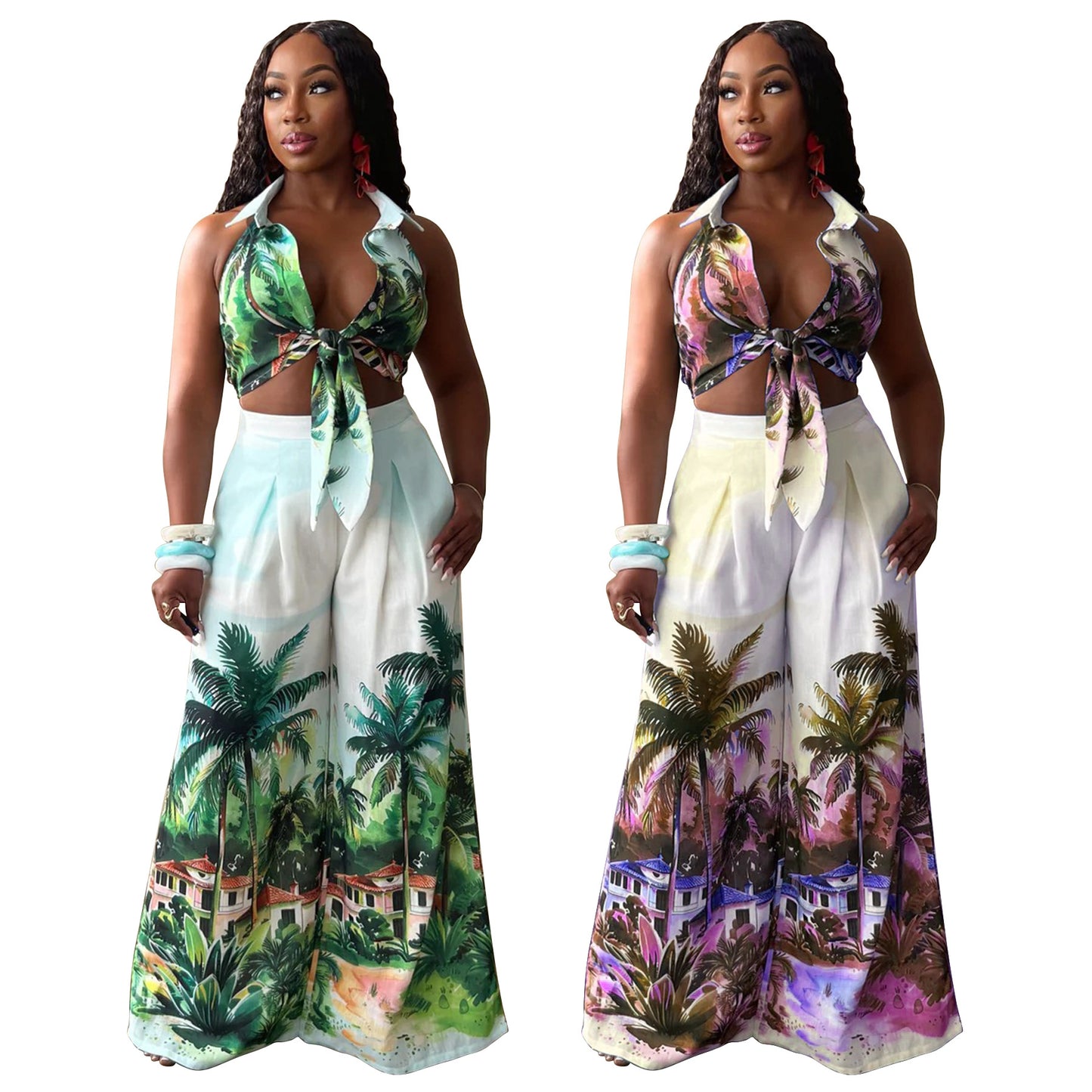 Sleeveless shirt collar wide leg pants set