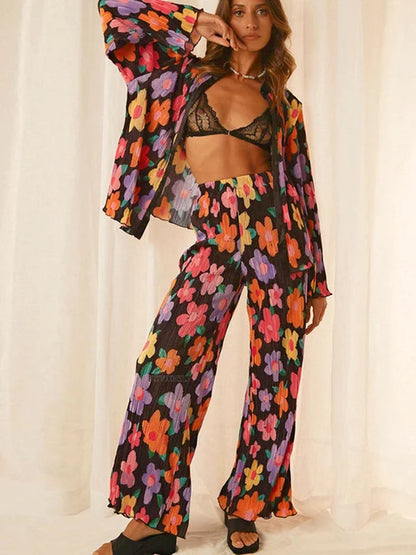 Print Pleated Suit Women Lapel Long Sleeve Shirt Top And High Wasit Pants Set Elegant Casual Pants Outfits Two Piece Set