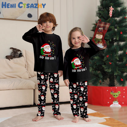 Family Christmas Pajamas Set with Santa Backpack Black Home Wear for Holiday Photos