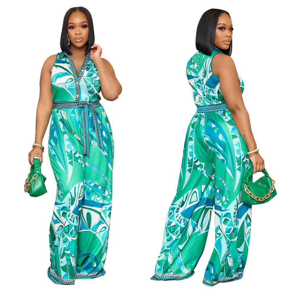 Printed sleeveless V-neck wide leg jumpsuit for women