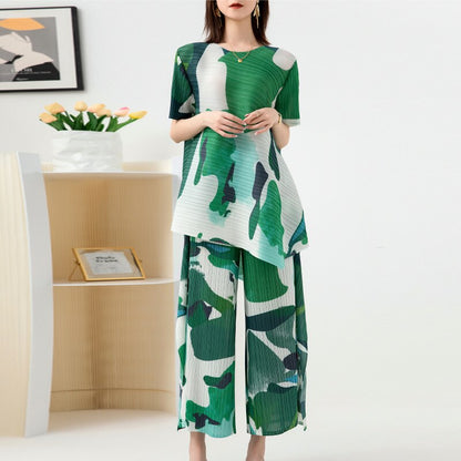 Pleated Fashion Suit Women's Summer New Design Sense Printed Large Size Top Wide Leg Pants Two-Piece Set