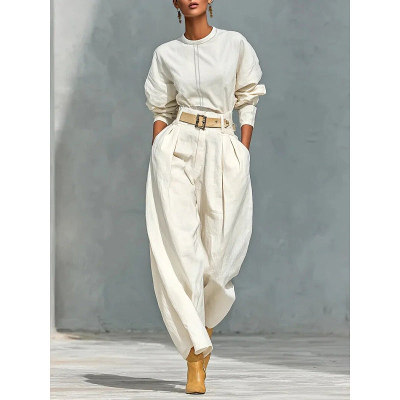 Casual women's two-piece set with loose top and harem wide-leg pants, includes belt