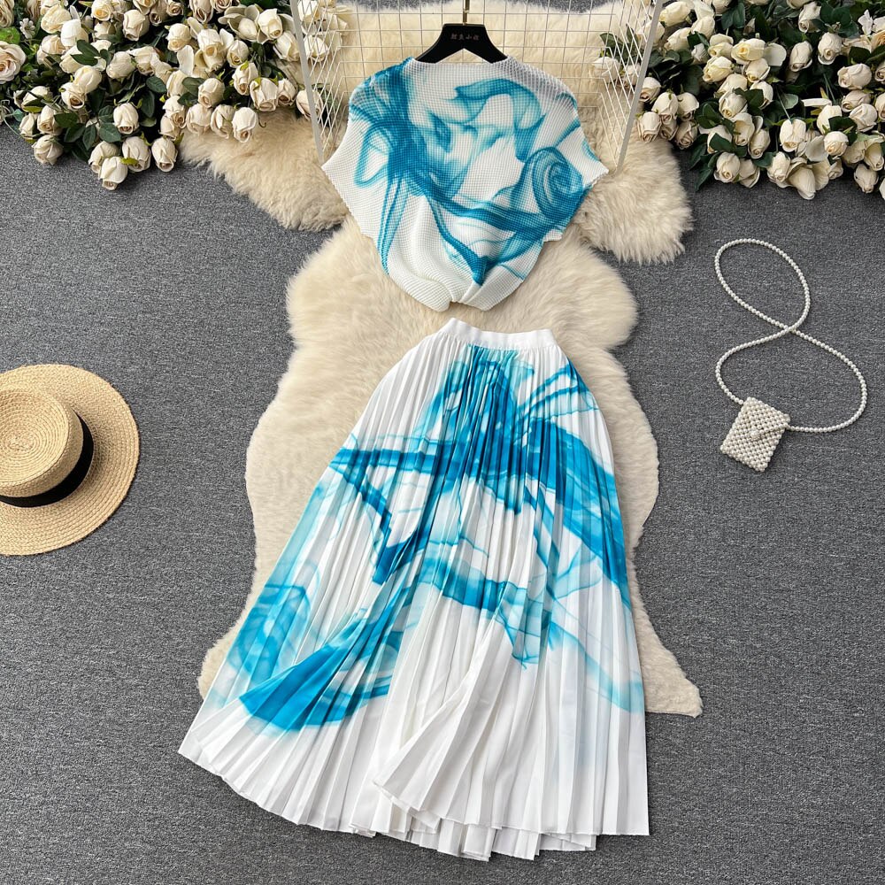 [EWQ] Elegant Short sleeved women's shirt+high waisted pleated skirt trend  2-piece set Summer vacation party clothing