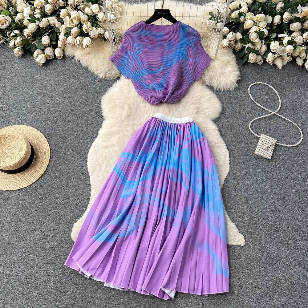 [EWQ] Elegant Short sleeved women's shirt+high waisted pleated skirt trend  2-piece set Summer vacation party clothing