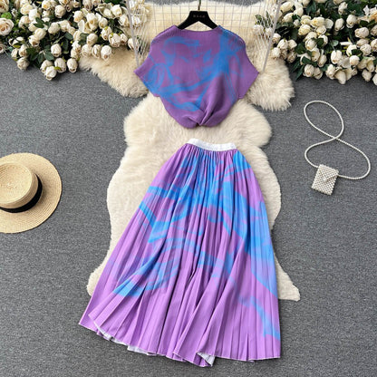 [EWQ] Elegant Short sleeved women's shirt+high waisted pleated skirt trend  2-piece set Summer vacation party clothing
