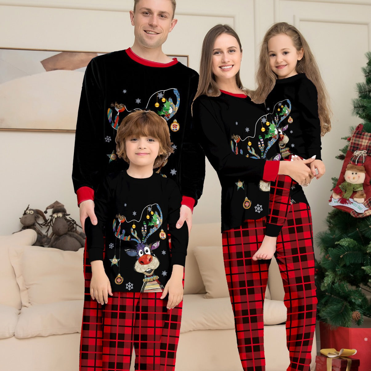 Christmas Deer Print Family Matching Pajama Set, Plaid Pattern, Casual Home Wear