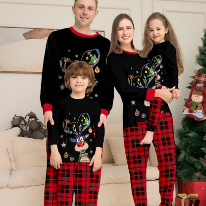 Christmas Deer Print Family Matching Pajama Set, Plaid Pattern, Casual Home Wear