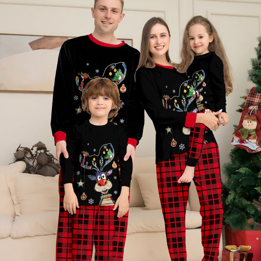 Christmas Deer Print Family Matching Pajama Set, Plaid Pattern, Casual Home Wear