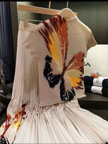 Vintage Temperament Gradient Short Sleeve Printed Shirt +  Elastic Waist Pleated Skirt Women 2 Piece Set