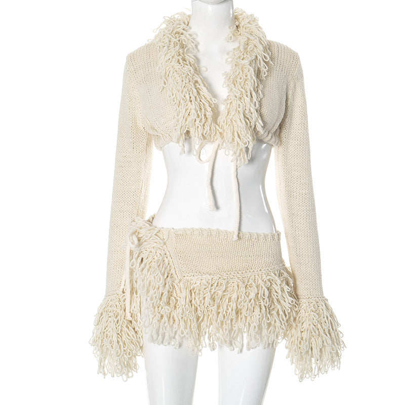 French Knit Tie-Up Cardigan Long Sleeve Top amp Fashion Sexy Mini Skirt Set