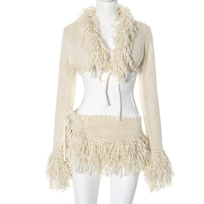 French Knit Tie-Up Cardigan Long Sleeve Top amp Fashion Sexy Mini Skirt Set