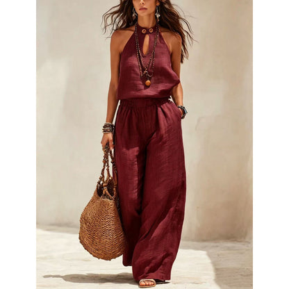 Style Solid Color Sleeveless Halter Neck Wide Leg Jumpsuit for Women