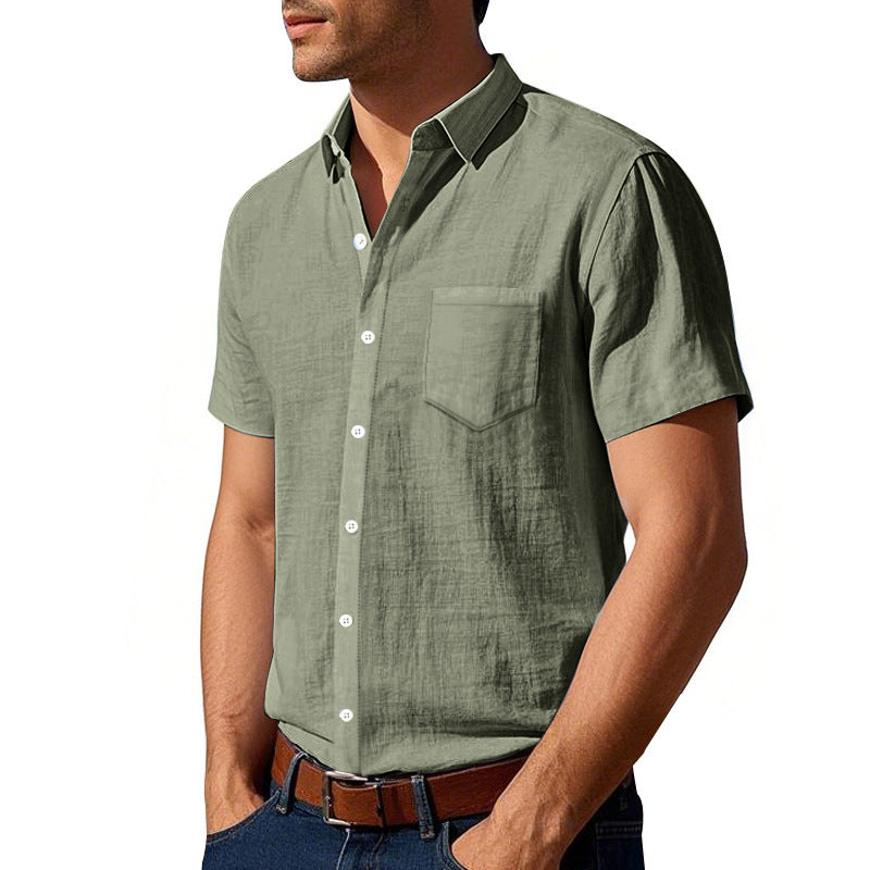 Cotton Linen Short Sleeve Shirt for Men Turn-down Collar Casual PocketDress Shirt, Summer