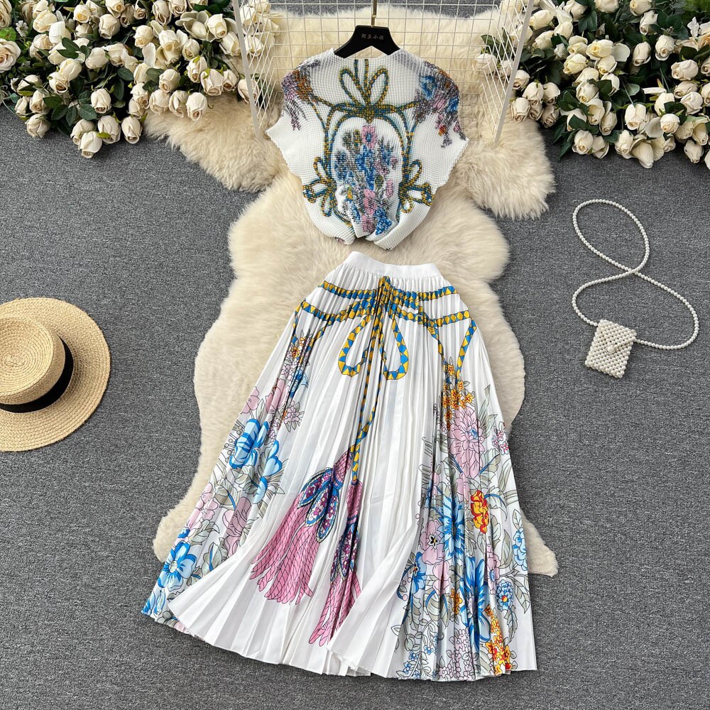 [EWQ] Elegant Short sleeved women's shirt+high waisted pleated skirt trend  2-piece set Summer vacation party clothing