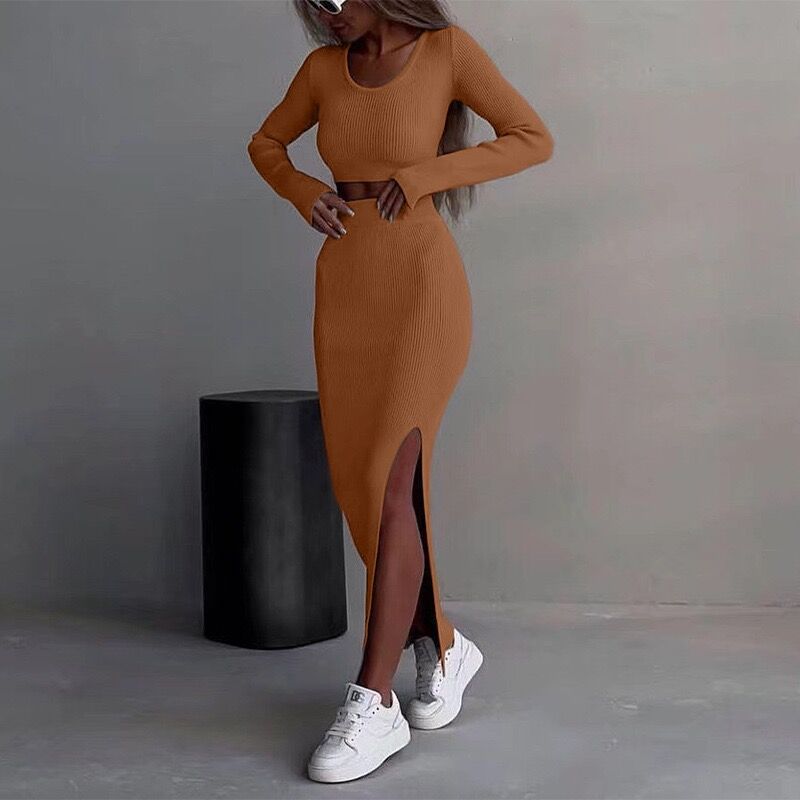 solid color knit long sleeve T-shirt set with split high-waisted bodycon skirt two-piece