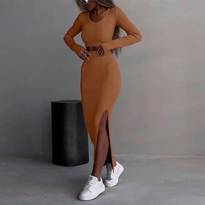 solid color knit long sleeve T-shirt set with split high-waisted bodycon skirt two-piece