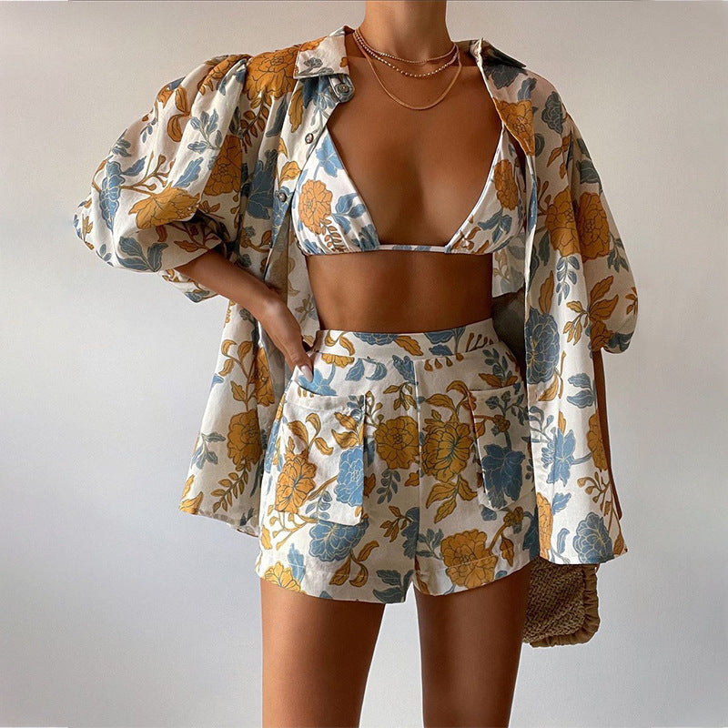 Women's Shirt + Strap Tank Top + Shorts Three-Piece Set