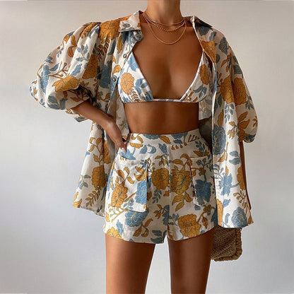 Women's Shirt + Strap Tank Top + Shorts Three-Piece Set