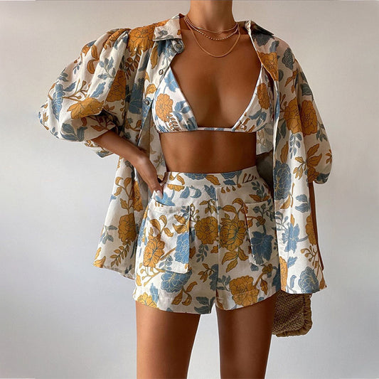 Women's Shirt + Strap Tank Top + Shorts Three-Piece Set