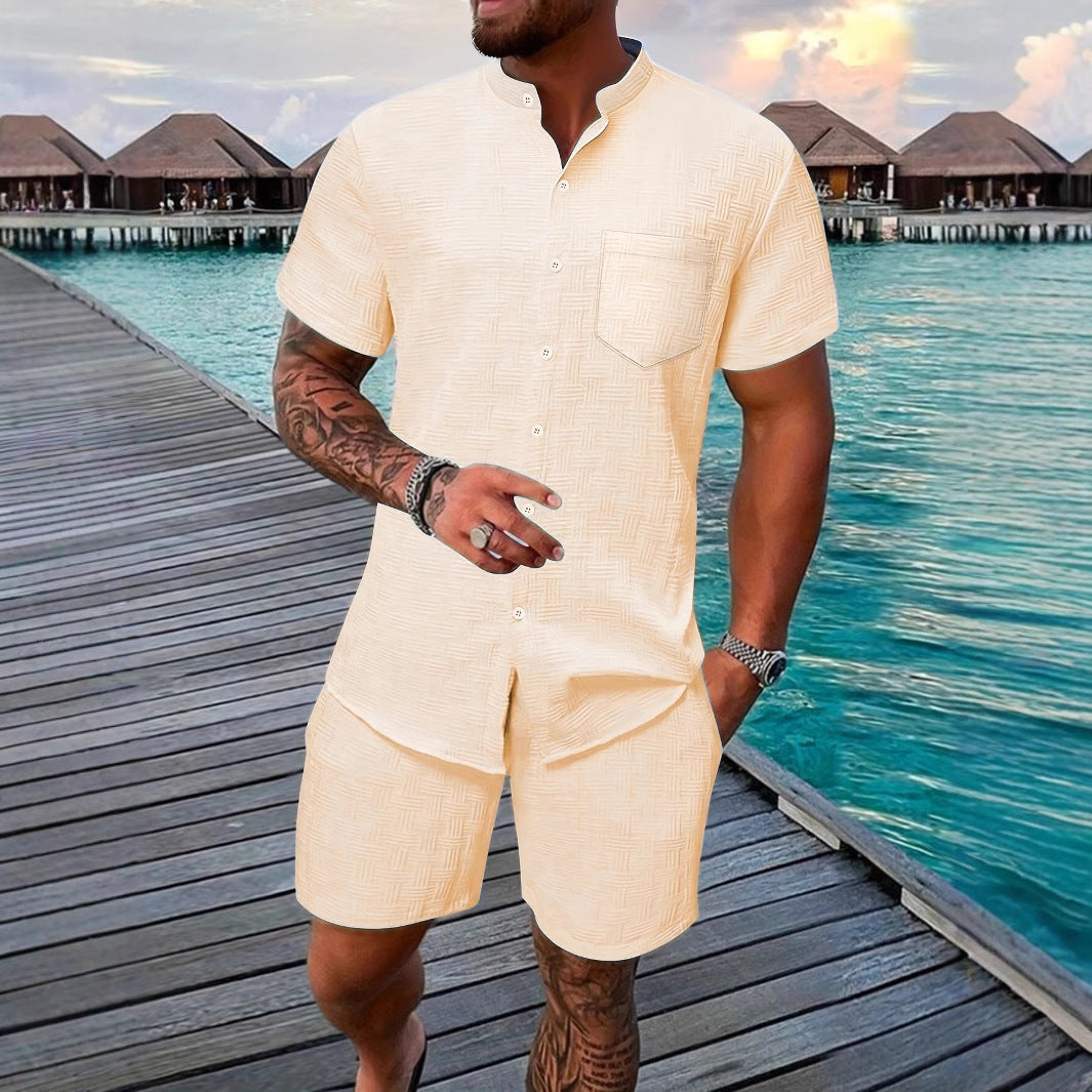 Stand up collar shirt casual short sleeved shorts beach set