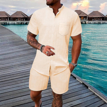 Stand up collar shirt casual short sleeved shorts beach set