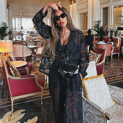 New lace perspective two-piece set for sexy and spicy women, fashionable lapel shirt and pants set