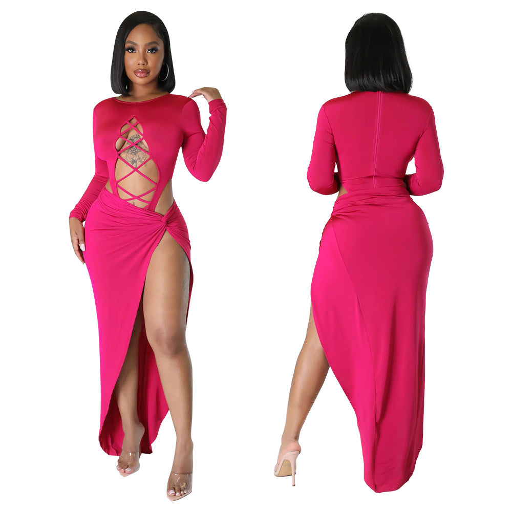 Long sleeved hollow out navel slit skirt set