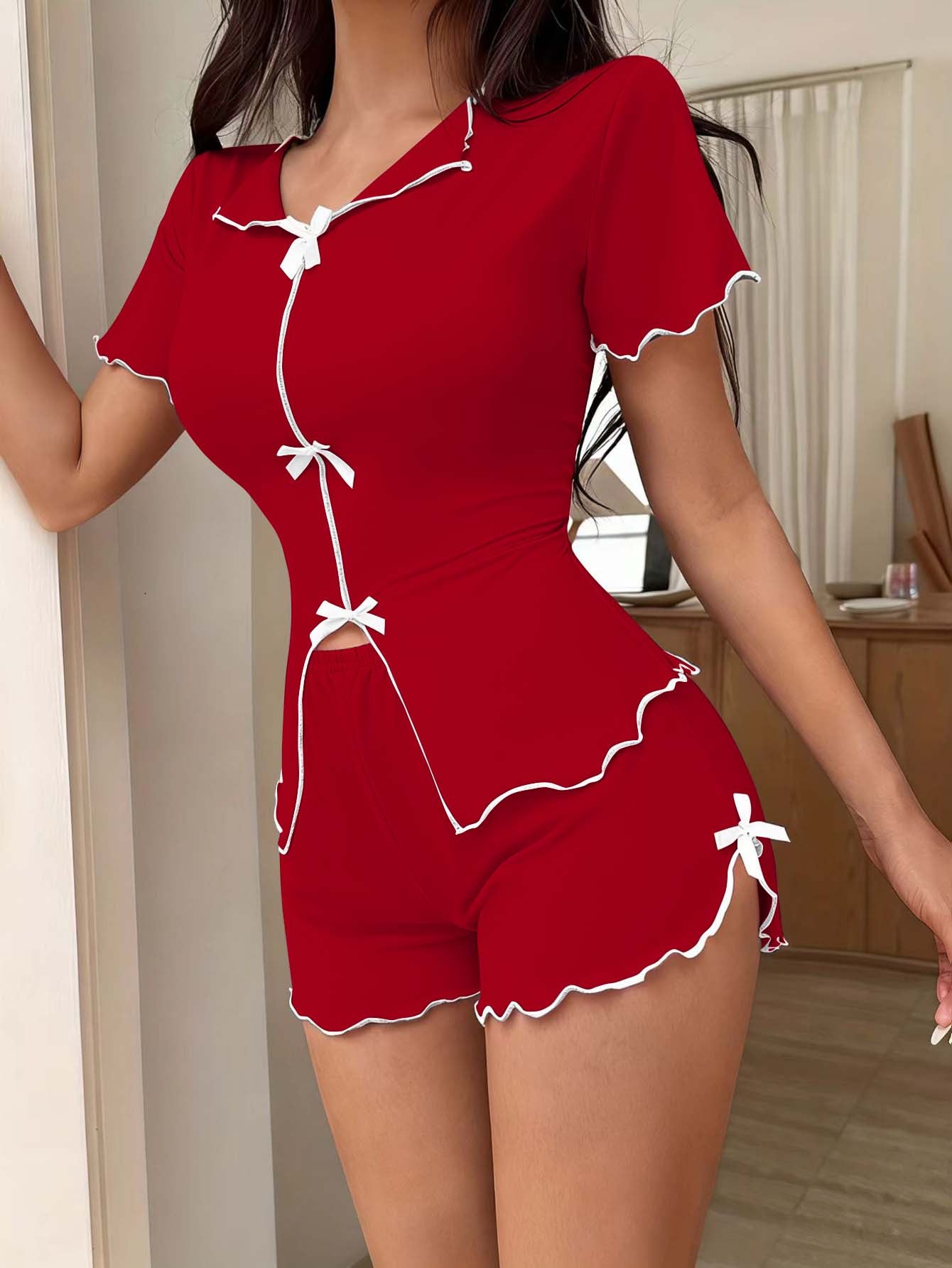 Summer Women's Sleepwear Set with Bow, Sexy Stretch Short Sleeve and Shorts Pajama Home Wear
