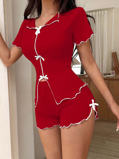 Summer Women's Sleepwear Set with Bow, Sexy Stretch Short Sleeve and Shorts Pajama Home Wear
